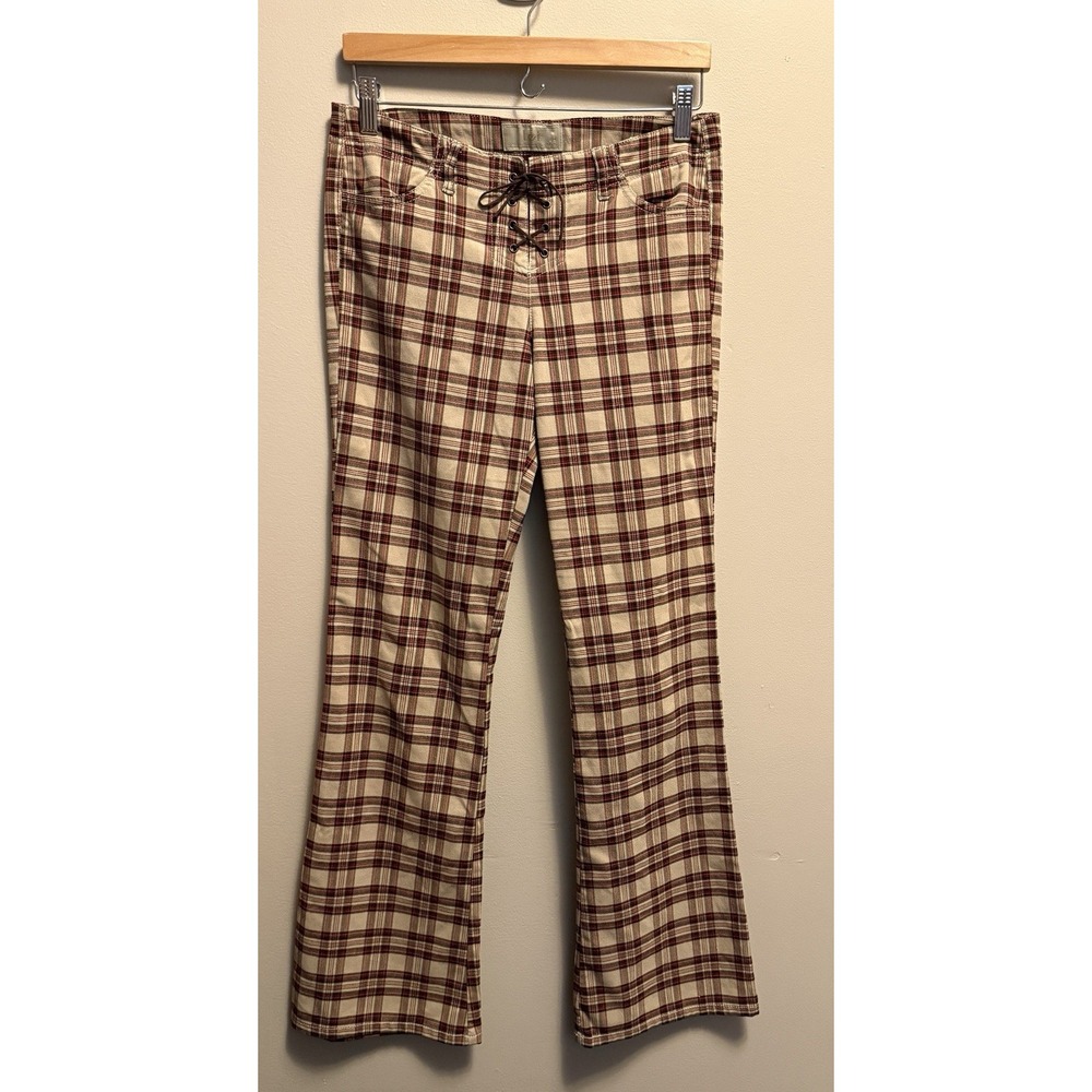 Vintage Y2K LEI Plaid Pants Size 9 Lace Up Low Rise Flare Bootcut Grunge